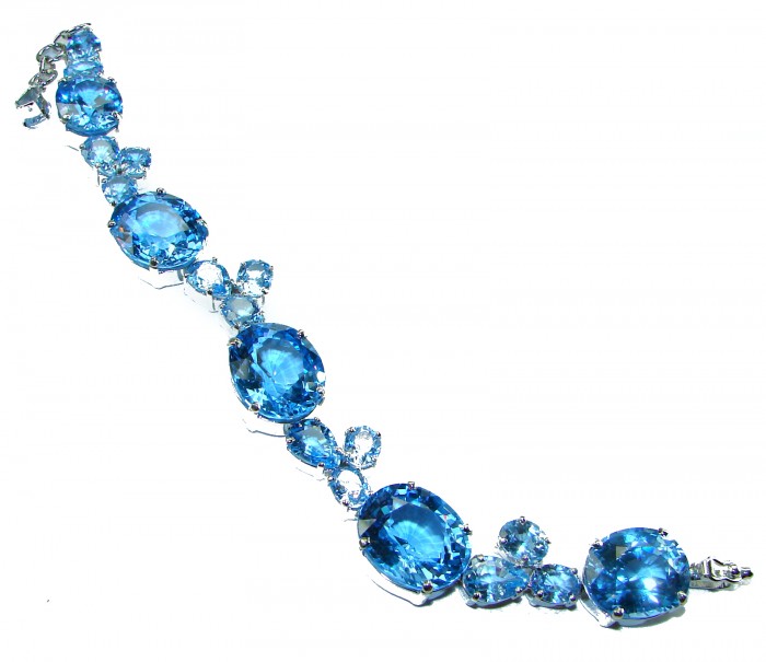 Pure Serenity 165.5 carat genuine Swiss Blue Topaz .925 Sterling Silver handmade Large Statement Bracelet - Bracelet with Swiss Blue Topaz, overhead angle, on white background