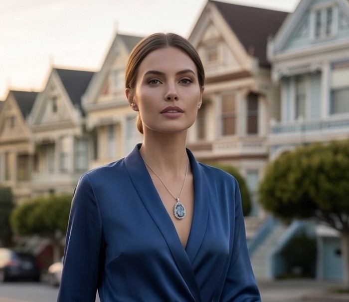 Stella 14.9 carat authentic London Blue Topaz .925 Sterling Silver Handcrafted Pendant - Woman wearing Stella Blue Topaz necklace with Victorian houses in background.