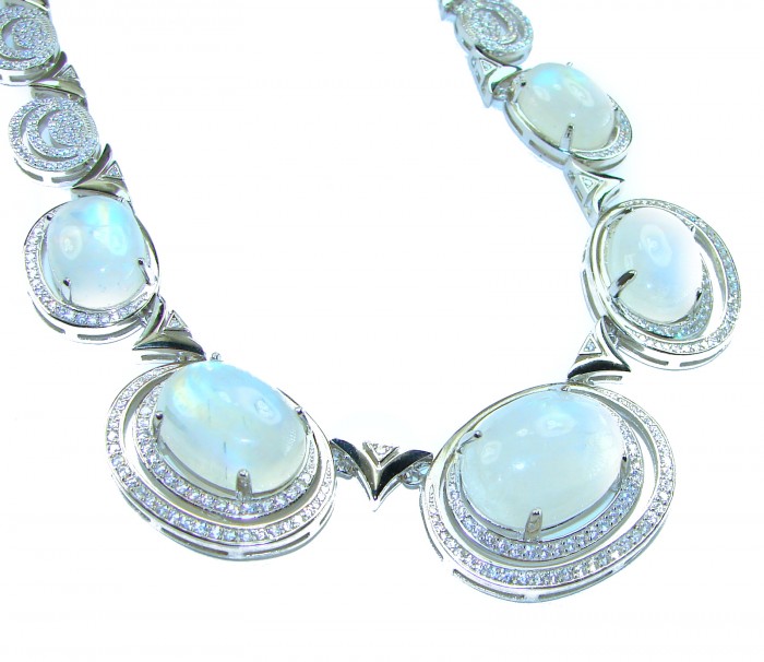 Moonlight Serenade authentic 62.5 carat Fire Moonstone Rhodium over .925 Sterling Silver handcrafted necklace - Close-up of Moonlight Serenade Fire Moonstone Necklace stones.