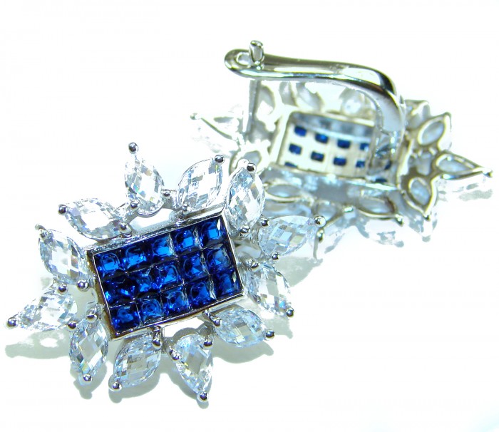 Born to Glam authentic 10.5 carat Sapphire .925 Sterling Silver handcrafted earrings - Close-up of Born to Glam sapphire and sterling earrings with clasp detail