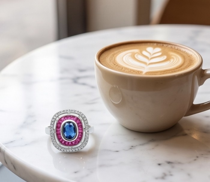 Art Deco 3.8 ctw Sapphire .925 Sterling Silver handcrafted Statement Ring size 7 1/2 - Art Deco sapphire ring on table beside latte, top-down view.