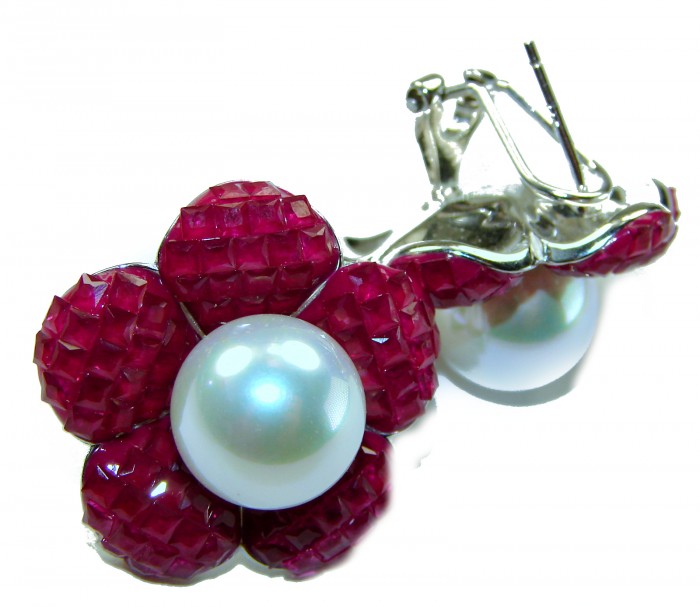 Born to Glam authentic 15.2 carat Ruby Pearl .925 Sterling Silver handcrafted earrings - Close-up of Ruby and Pearl earring set in .925 Sterling Silver.