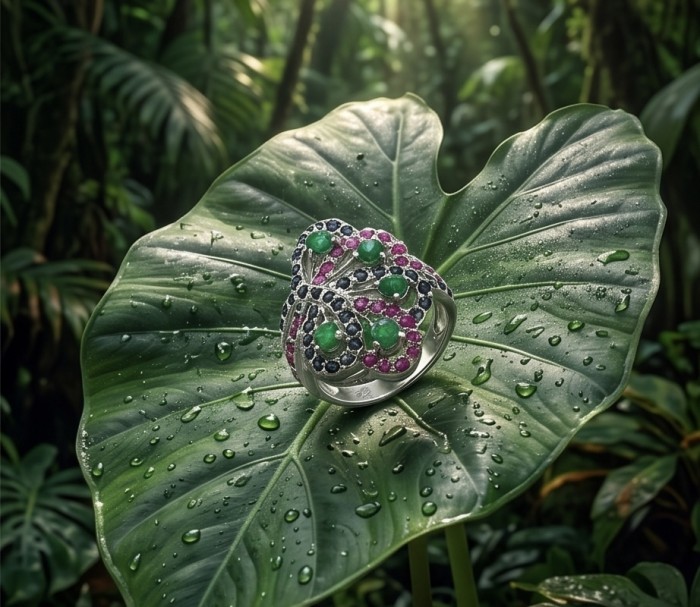 Exotic Beauty Authentic 8.2 carat Colombian Emerald .925 Sterling Silver handcrafted Ring size 7 1/4 - Emerald ring on leaf, forest setting, close-up view.