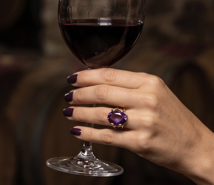 Purple Mystery 12.5 carat Amethyst .925 Sterling Silver dipped in 18K Gold Handcrafted Ring size 9 - Worn on hand, showcasing Purple Mystery 12.5 carat Amethyst ring