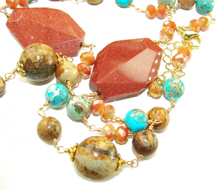 83.3 grams Rare and Unusual Red Sitara Turquoise Beads .925 Sterling silver dipped in 10K Gold NECKLACE - Close-up of red Sitara and turquoise beads necklace.