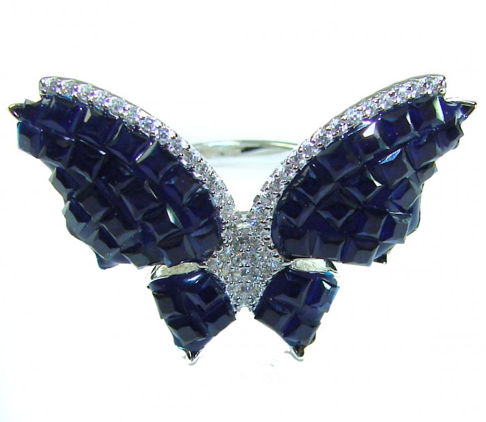 Blue Butterfly Authentic 16.2 carat Sapphire .925 Sterling Silver handcrafted Ring size 6 1/4 - Butterfly ring with blue sapphires and diamonds, front view.