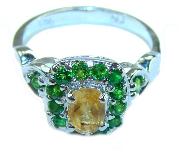 Esmeralda Authentic 3.3 carat Citrine .925 Sterling Silver handmade Ring s. 5 3/4 - Citrine ring with green stones, close-up front view.