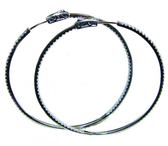 Allure inside-out Natural 8.2 carat White Topaz .925 Sterling Silver handcrafted hoop earrings 2 1/4 inch long - Allure inside-out white topaz sterling earrings, side view.