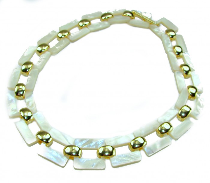 Rainbow Cascade Precious natural Blister Pearl 18K Gold over .925 Sterling Silver Necklace; 82.5 grams - Blister Pearl necklace with gold accents, top view.