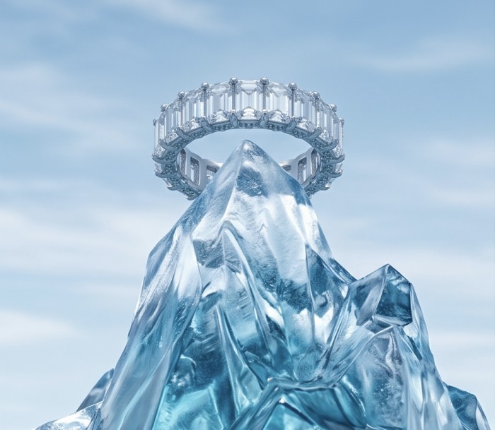 Luxurious 3.5 carat White Topaz .925 Sterling Silver Solid Infinity ring size 7 - White Topaz sterling silver ring atop ice, close-up view.