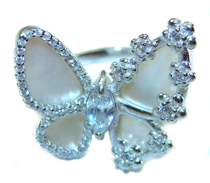 White Butterfly Blister Pearl .925 Sterling Silver brilliantly handcrafted ring s. 6 1/4 - Butterfly ring with pearls and gems, close-up view.