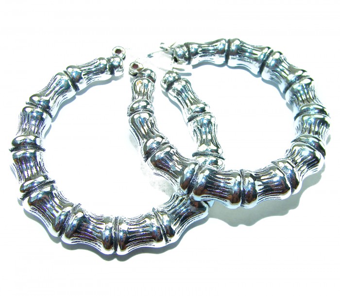 Huge - Bamboo Tree design .925 Sterling Silver handmade Bali made Earrings - Close-up of bamboo-style sterling silver hoop earrings.