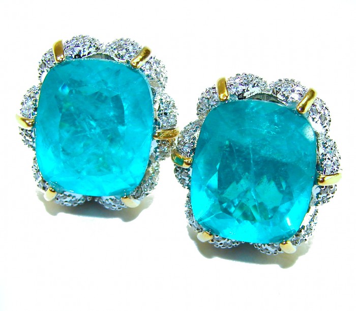 Wild Ocean baguette cut 27.5 carat Emerald 2 tones .925 Sterling Silver handmade Statement earrings - Close-up of Wild Ocean baguette cut 27.5 carat emerald earrings.