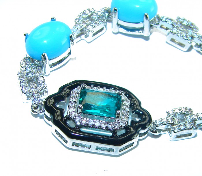 Art Deco - authentic 6.2 carat Chrome Diopside Turquoise .925 Sterling Silver handcrafted Bracelet - Close-up of Art Deco bracelet with Chrome Diopside and turquoise stones.