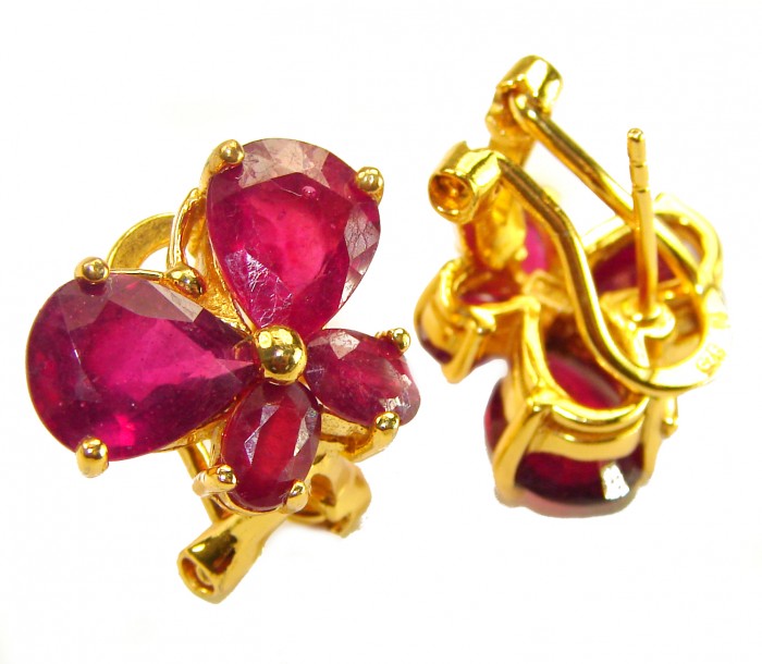 Butterflies - Authentic 12.9 carat Ruby 18K Gold over .925 Sterling Silver handcrafted earrings - Ruby earrings close-up, front and back view, 18K gold over .925 silver.