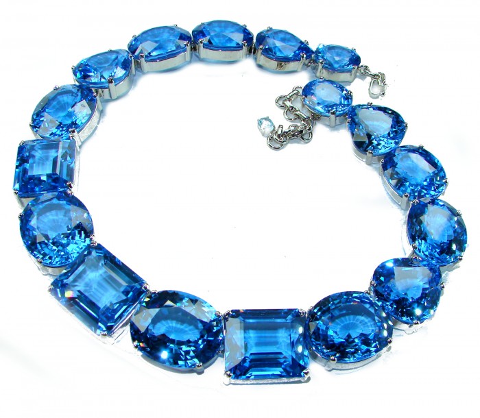 Pacifica 265.5 carat Swiss Blue Topaz .925 Sterling Silver handmade Large Statement necklace, 262.5 grams - Top view of Pacifica necklace with Swiss Blue Topaz stones.