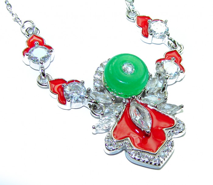 Purity and Harmony Precious genuine 6.5 carat Jade .925 Sterling Silver handcrafted Necklace - Close-up of necklace with jade and red accents, detailed stones.