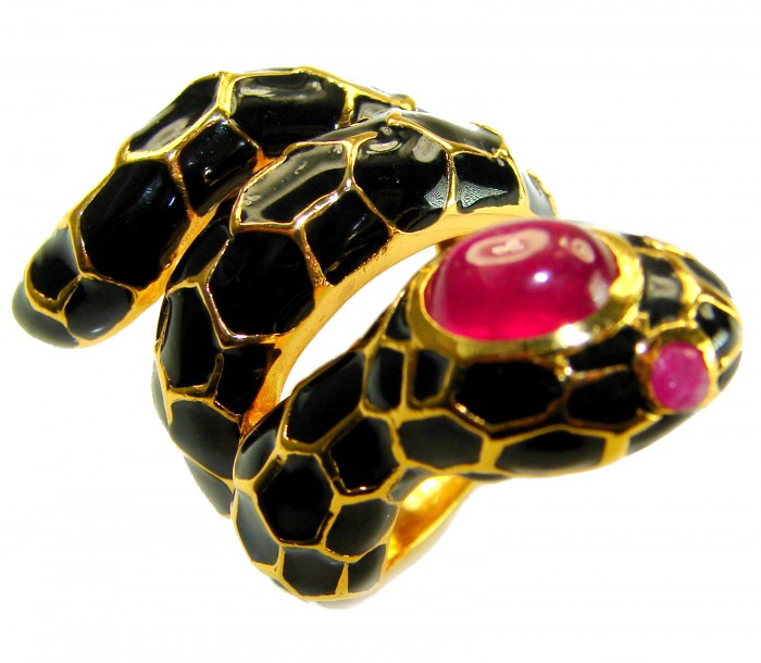 Red Snake Ruby black Enamel 18K Gold over .925 Sterling Silver Huge handcrafted Ring s. 7 - Snake ring with ruby and black enamel, close-up of head and details.