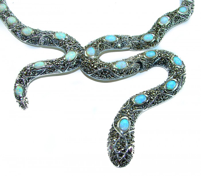 Large Snake genuine 57.8 carat Australian Blue Opal Marcasite .925 Sterling Silver handcrafted necklace - Snake-shaped necklace with blue opals and marcasite, top view.