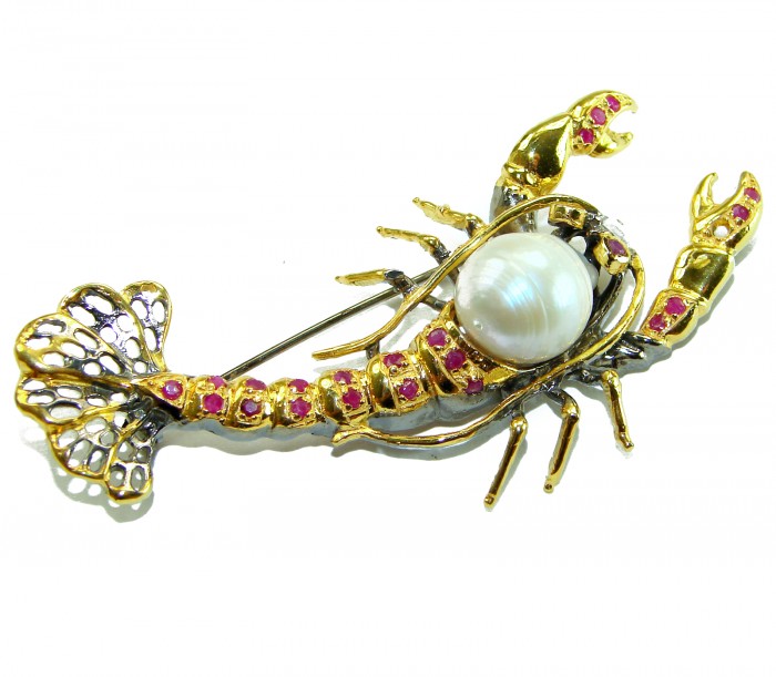Precious Crayfish Natural Mother of Pearl Ruby 18K Gold over .925 Sterling Silver handmade Pendant Brooch - Crayfish brooch with pearl and rubies in side view.