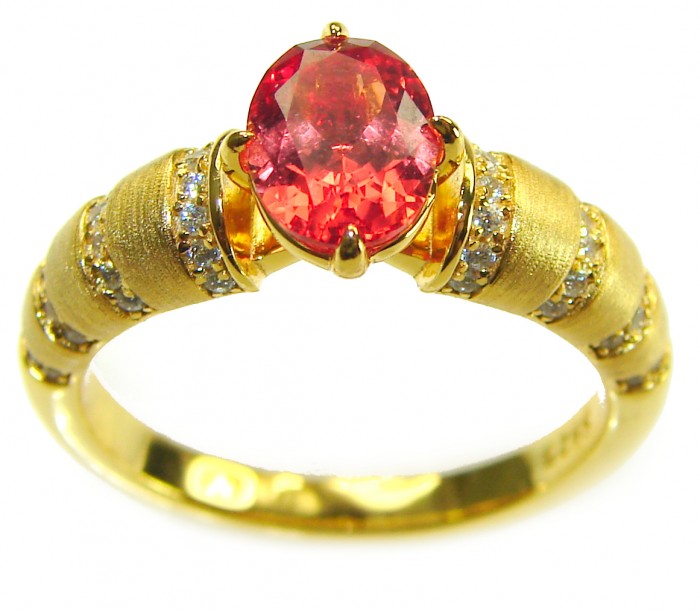 Blooming Rose oval cut 3.5 carat Orange Sapphire .925 Sterling Silver dipped in Real 18K Gold handmade Statement ring; s. 8 1/4 - Gold ring with oval orange sapphire, side view close-up.
