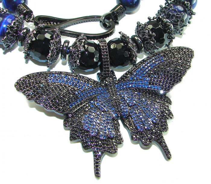 101.8 grams Blue Butterfly Rare Unusual Deep Blue Cats Eys Beads black rhodium over .925 Sterling Silver NECKLACE - Close-up of blue butterfly necklace with gem detail