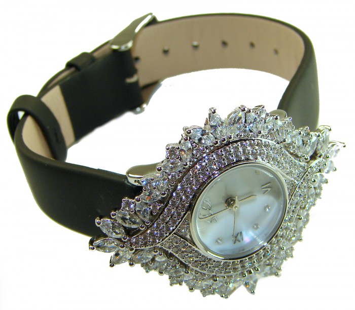Precious 22.5 carat Authentic White Topaz Genuine Leather strap .925 Sterling Silver handmade Watch - Topaz watch on leather strap, side view showing stone detail.
