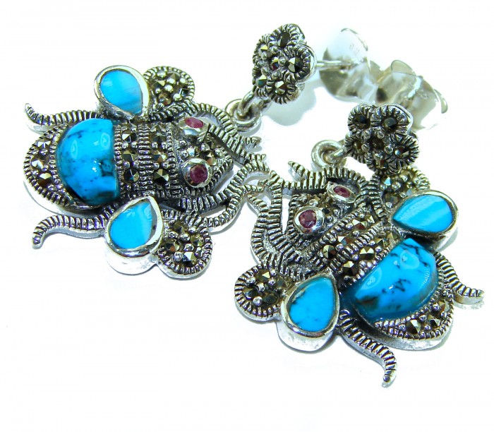 Blue Bees inlay Turquoise Ruby Marcasite .925 Sterling Silver Handcrafted earrings - Close-up of blue bee earrings with turquoise and ruby details.
