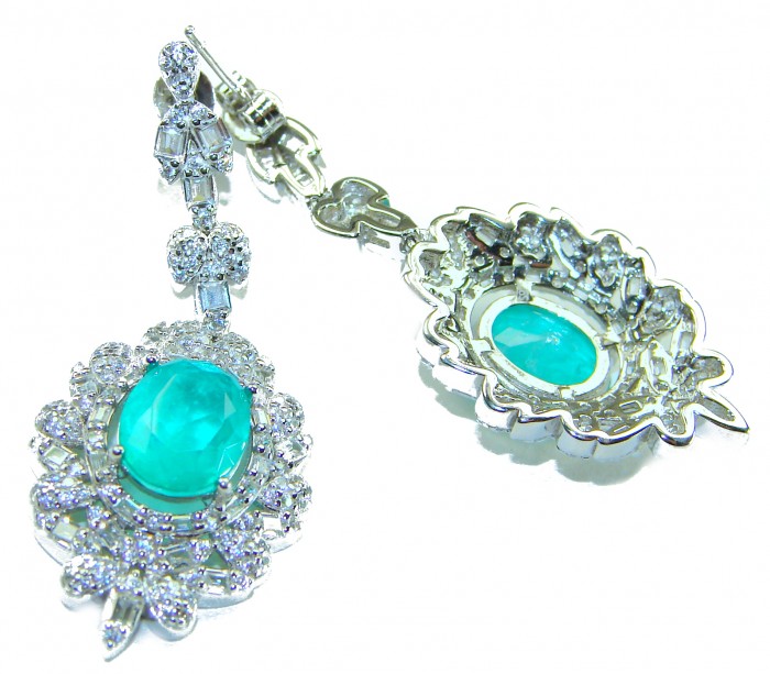 Pure Luxury 12.2 carat natural Colombian Emerald .925 Sterling Silver handmade Statement earrings - Close-up of 12.2 carat emerald earrings with sterling silver setting.