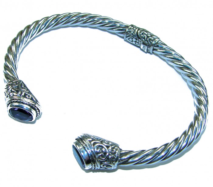 Heavy and Solid authentic 10.2 carat Amethyst .925 Sterling Silver handcrafted hinged cuff bracelet - Sterling silver twisted bracelet with amethyst end detail.