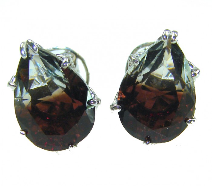 From dawn to dusk authentic 11.2 carat Brazilian Smoky Topaz .925 Sterling Silver handcrafted earrings - Close-up of pear-shaped Brazilian Smoky Topaz earrings