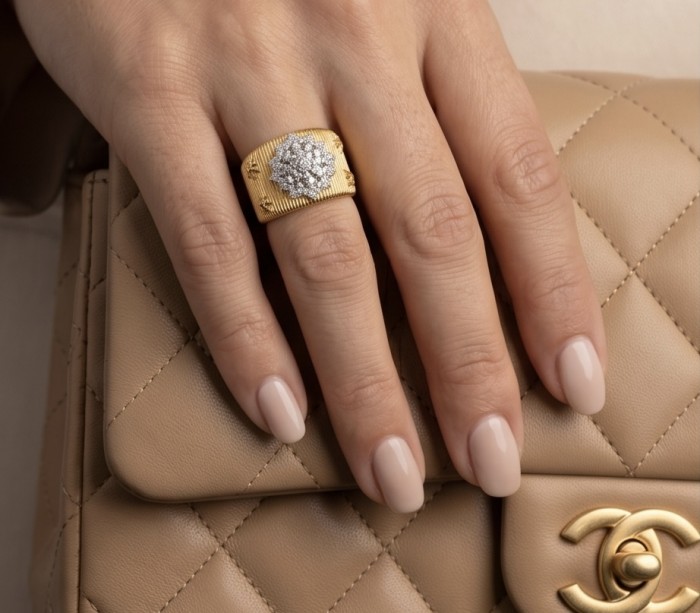 Dolce Vita - Precious Natural 9.5 carat White Topaz 2 tones .925 Sterling Silver handcrafted Ring size 7 - Gold ring with white topaz worn on hand, quilted bag in background.