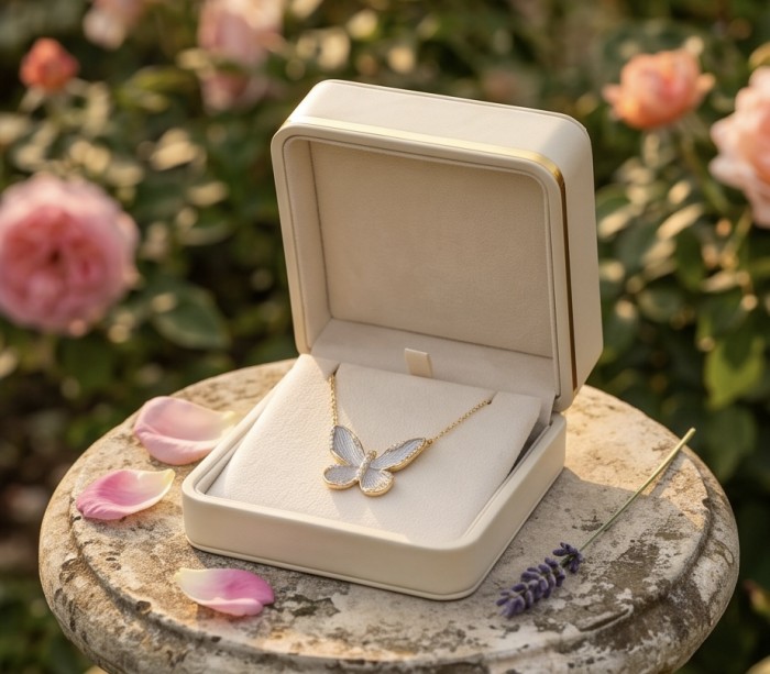Golden Butterfly White Topaz highly polished 18K Gold over .925 Sterling Silver Italy made necklace - Gold butterfly necklace in open box with rose petals and lavender nearby