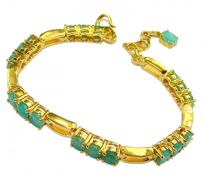 Born to Glam authentic 22.7 carat Colombian Emerald .925 Sterling Silver dipped in 18K Gold handcrafted Statement bracelet - Gold bracelet with Colombian emeralds, top view.