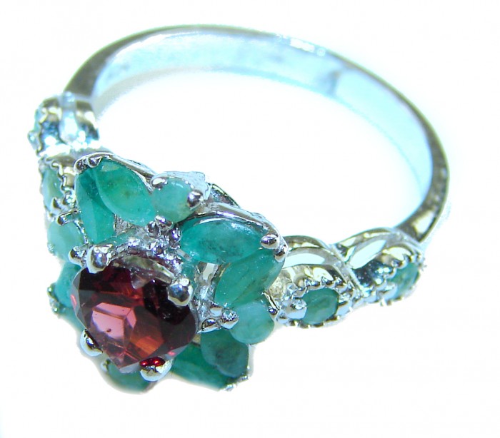 Rachel 4.5 carat Red Garnet .925 Sterling Silver handcrafted ring; s. 6 - Close-up of Rachel ring featuring red garnet and emerald stones.