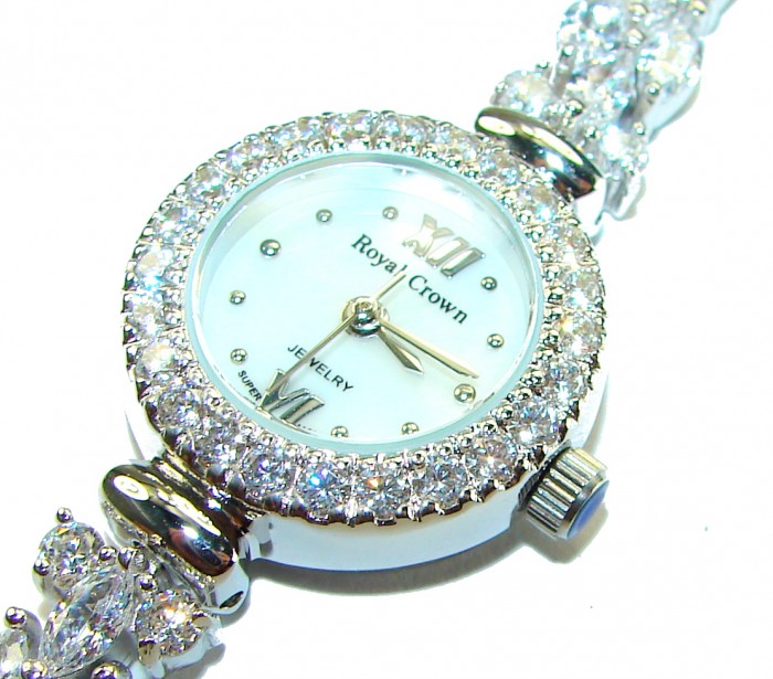 Precious 55.8 carat Authentic White Topaz .925 Sterling Silver handmade Bracelet - Watch - Close-up of Royal Crown watch with white topaz stones and sterling silver.