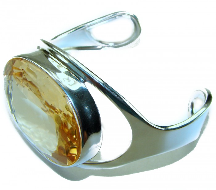 Simplicity 85.5 carat Genuine Lemon Quartz handcrafted .925 Sterling Silver Bracelet / Cuff - Side view of Simplicity bracelet with 85.5 carat lemon quartz stone.