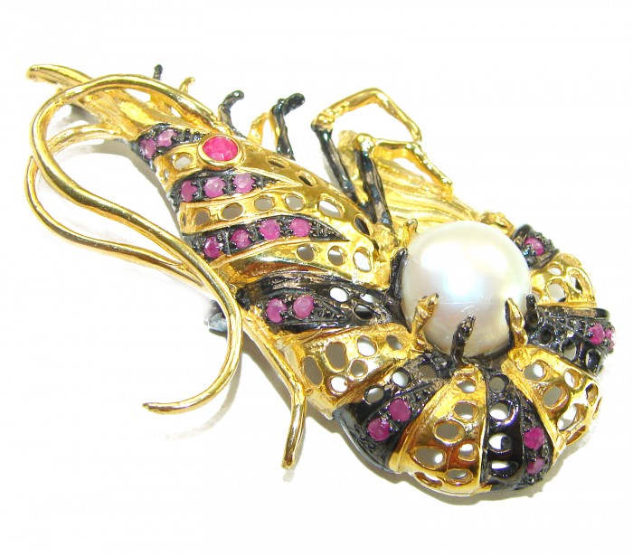 Precious Shrimp genuine Ruby 14k Gold over .925 Sterling Silver handmade Pendant - Brooch - Precious Shrimp brooch with ruby and pearl, side view showing detail.