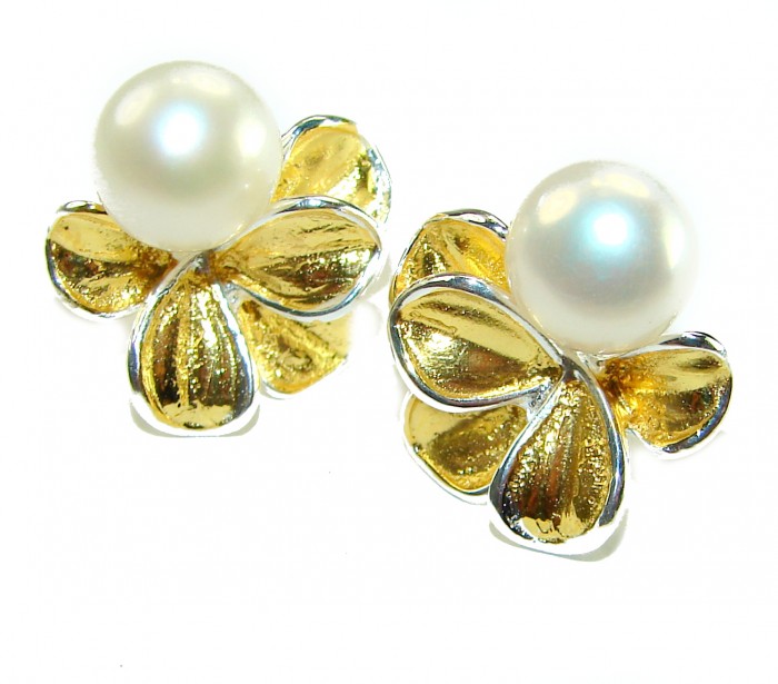 Genuine Pearl 14K Gold over .925 Sterling Silver handcrafted Statement Earrings - Pearl earrings with gold detail, top view.