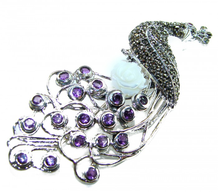 Huge Natural 8.9 carat Amethyst Greaceful Peacock .925 Sterling Silver Large Brooch - Graceful peacock brooch with amethyst stones, top view.
