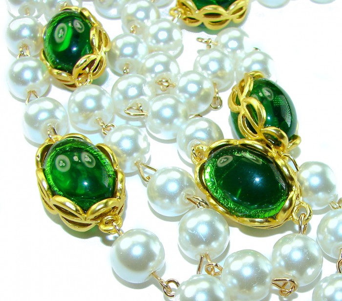 Incredible 48 inches long Freshwater Pearl 10K Gold over .925 Sterling Silver handmade Necklace - Close-up of pearls and green stones in 10K gold settings.