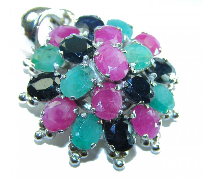 Floral-inspired authentic 10.5 carat Ruby Sapphire .925 Sterling Silver handcrafted Pendant - Close-up of floral-inspired 10.5 carat Ruby Sapphire .925 Sterling pendant.