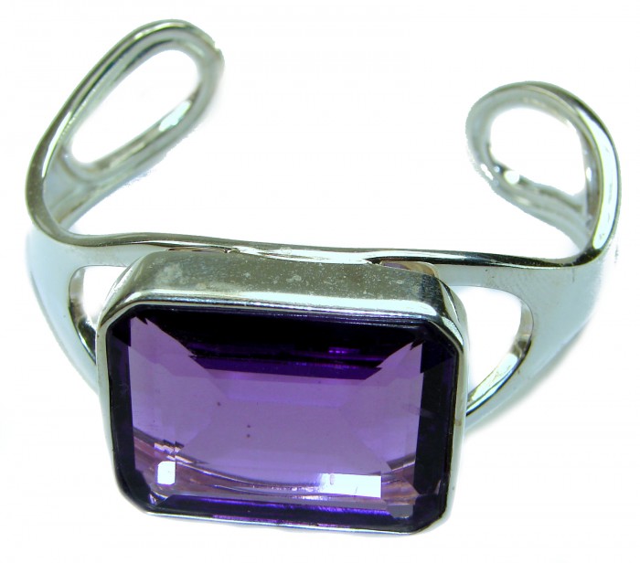 Real Treasure - Genuine 55.6 CARAT Amethyst REAL .925 Sterling Silver handcrafted Bracelet / Cuff - Amethyst bracelet with square stone and open band, front view.
