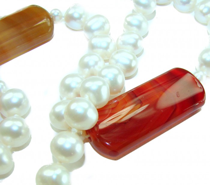 Incredible 30 inches long Freshwater Pearl Carnelian .925 Sterling Silver handmade Necklace - Close-up of Freshwater Pearl and Carnelian necklace detail.