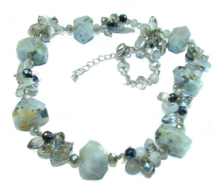 One of the kind great Tourmalinated Quartz Spinel .925 Sterling Silver necklace - Tourmalinated Quartz Spinel necklace, top view, clasp detail shown.