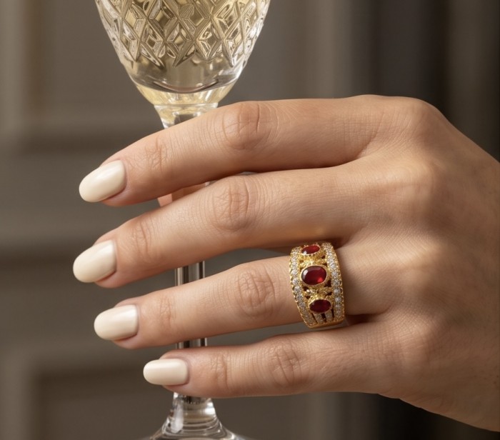 Born to Glam authentic 10.2 carat Ruby 14K Gold over .925 Silver handcrafted Ring s. 7 - Ruby gold ring worn on hand holding a crystal glass