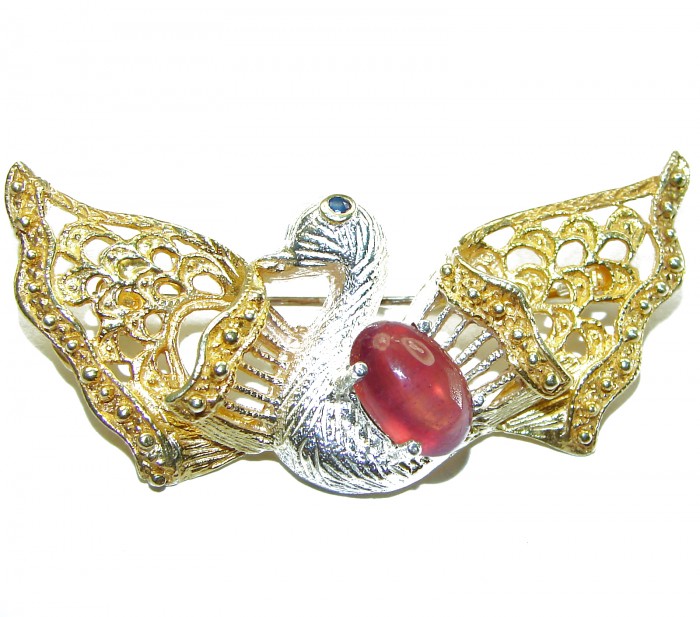 Perfect Swan Ruby 14K Gold over .925 Sterling Silver handmade Pendant Brooch - photo 2