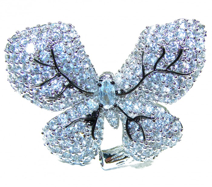 Born to Glam - Large White Butterfly- authentic 11.5 carat White Topaz RHODIUM OVER .925 Silver handcrafted Ring s. 7 - photo 2
