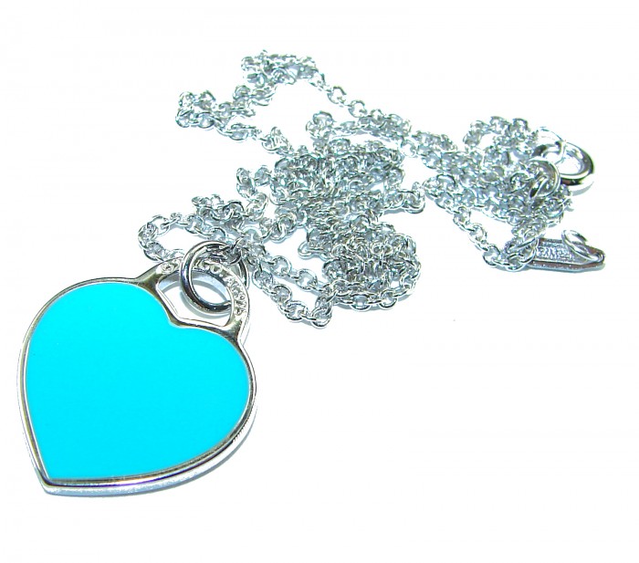 Angel's Heart inlay Turquoise .925 Sterling Silver handcrafted necklace - Heart-shaped turquoise pendant with silver chain, top view