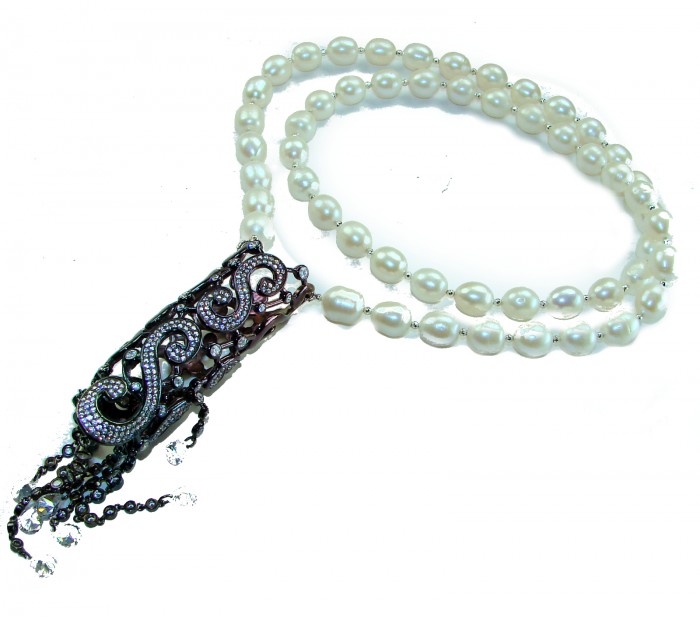 28 inches long Baroque Style Beauty Freshwater Pearl black rhodium over .925 Sterling Silver handcrafted Necklace - Baroque pearl necklace with ornate black clasp, top view.